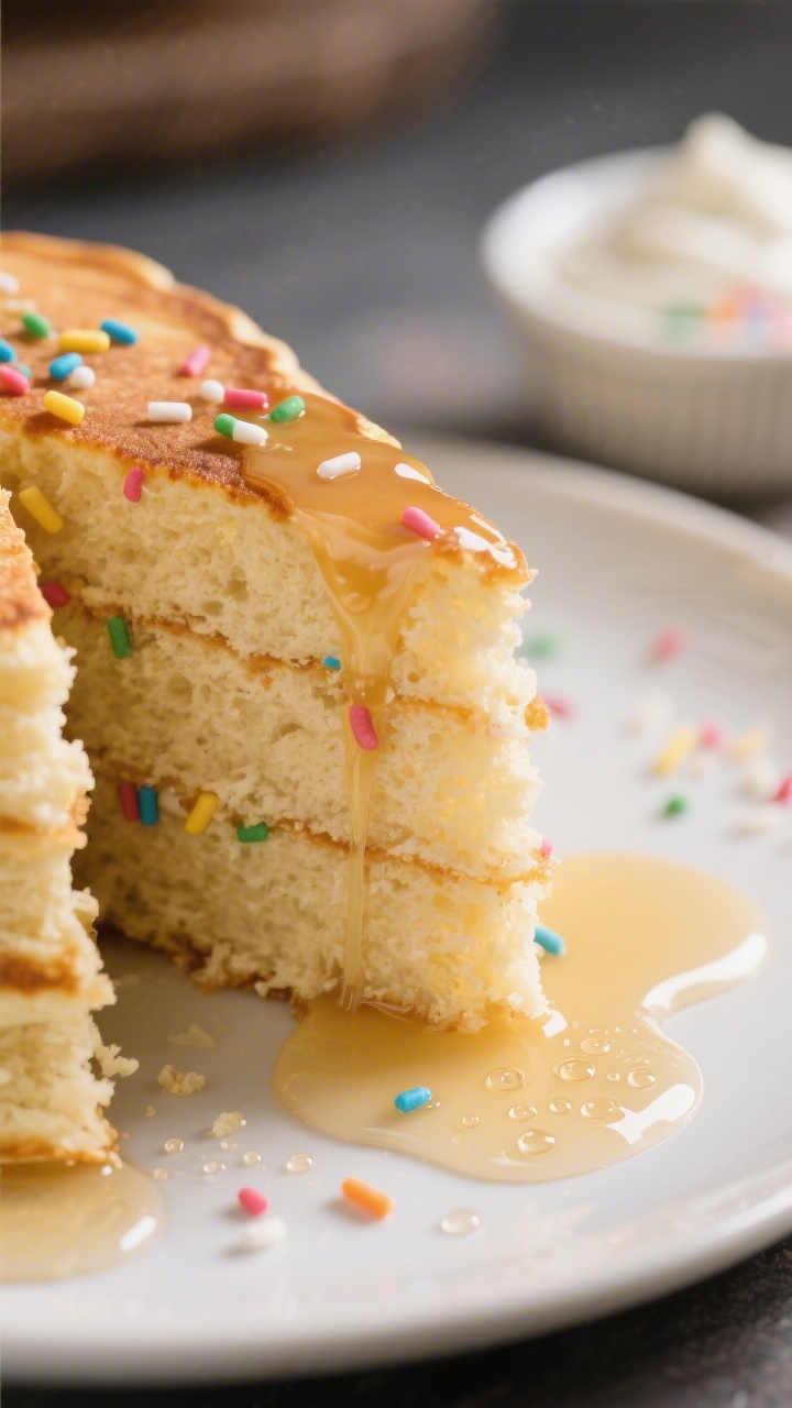 Final plated close-up detail: Tight, side-angled macro of a cut wedge of vanilla buttermilk pancake