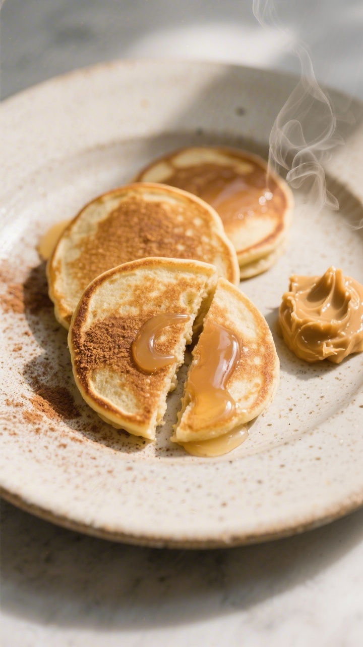 Final plated dish: Beautifully plated banana oat pancakes arranged as three small rounds on a stonew