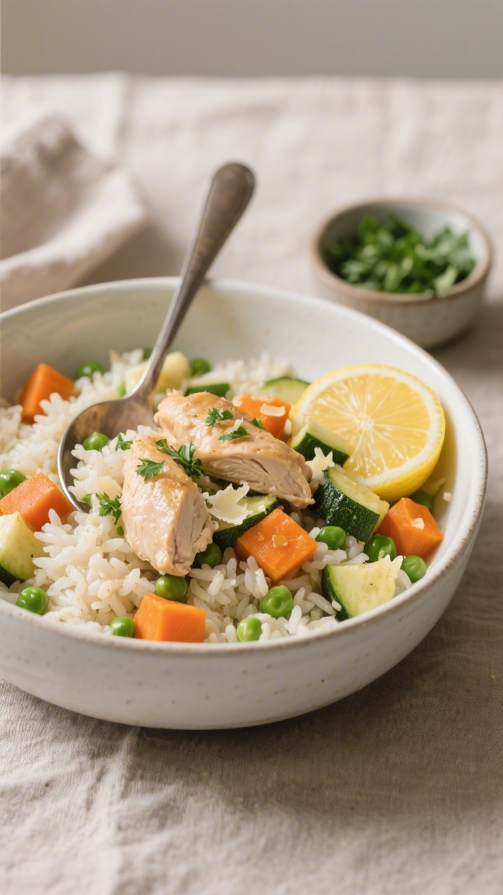 Final plated dish beauty: Comforting one-pot chicken and veggie rice spooned into a wide white bowl,