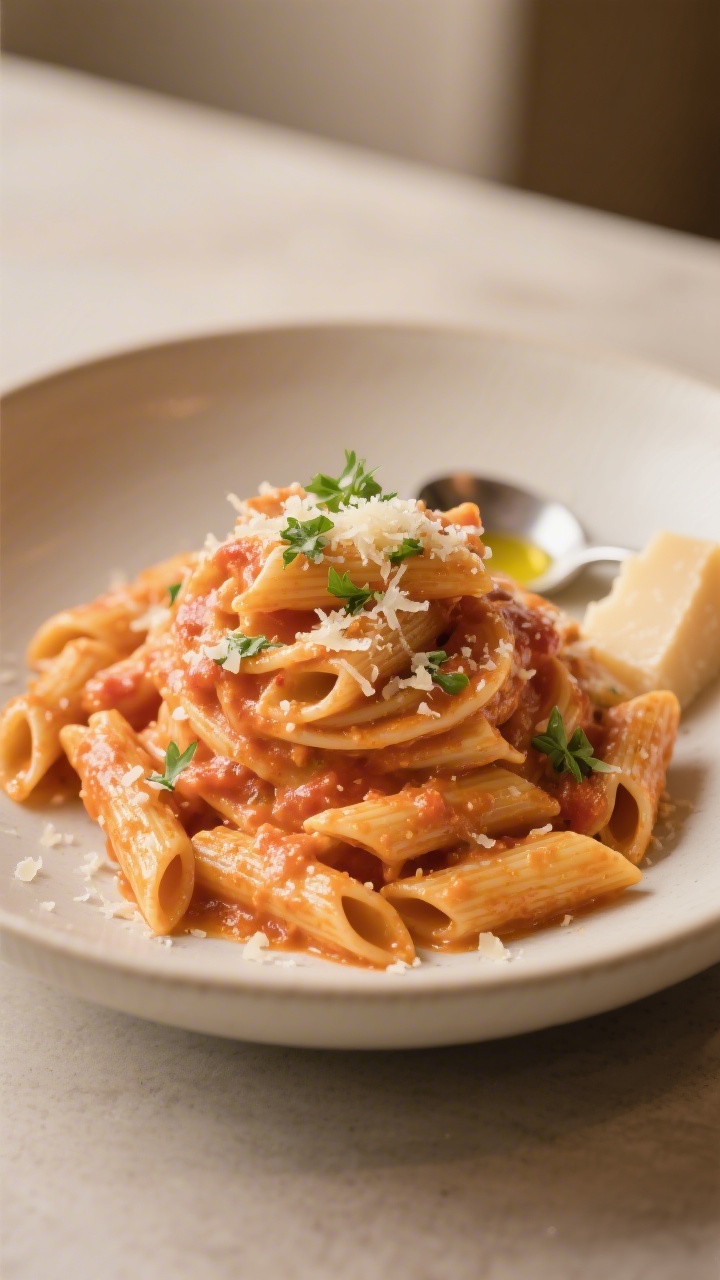Final plated dish beauty: Restaurant-quality presentation of creamy tomato pasta (penne) twirled int