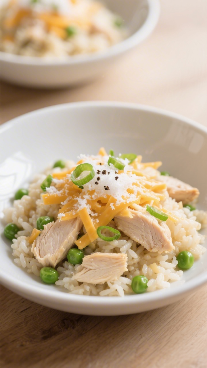 Final plated dish, beauty shot: Beautifully plated bowl of cheesy chicken rice, heaped generously wi