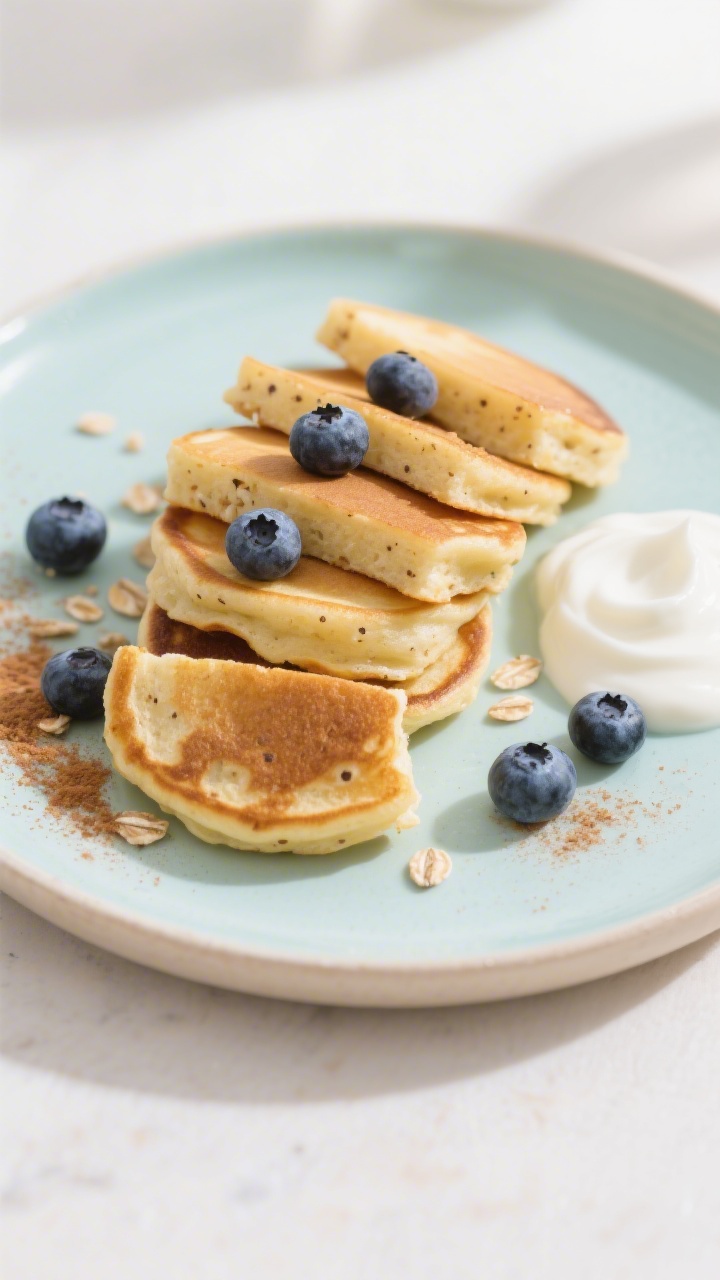 Final plated dish, toddler-friendly presentation: A stack of bite-size apple oat toddler pancakes cu