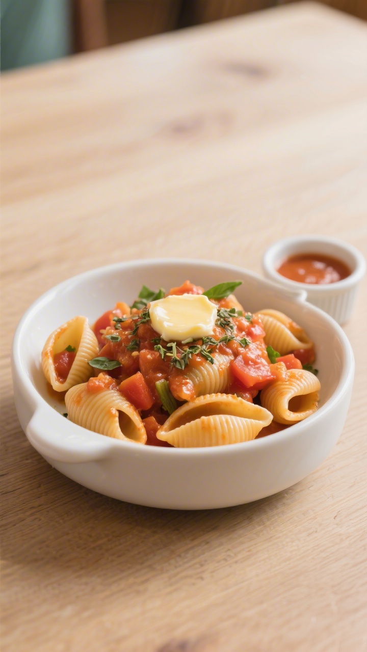 Final plated dish, toddler-friendly presentation: Small pasta shells tossed in ultra-smooth, clingy