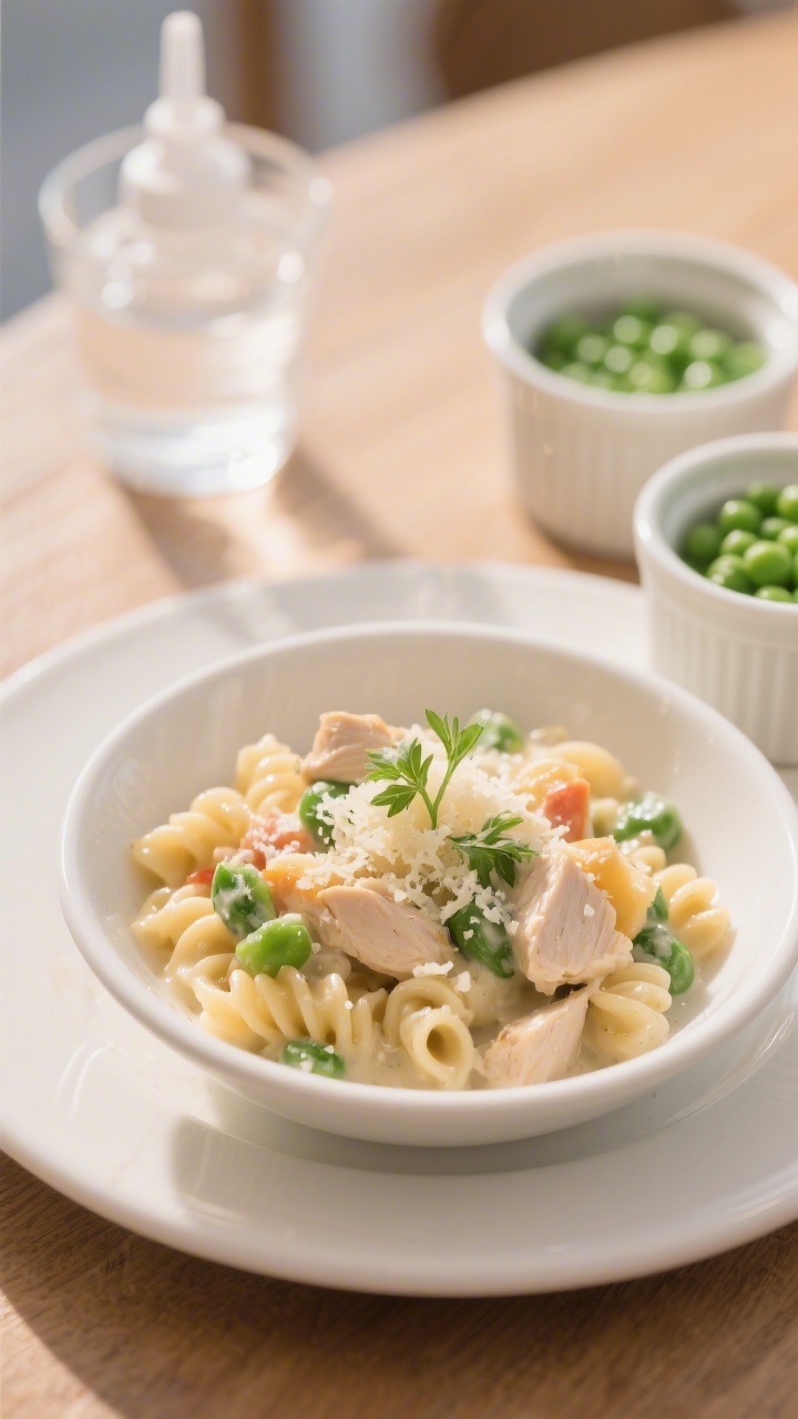 Final plated dish — toddler-friendly serving: Beautifully plated small portion of creamy chicken a