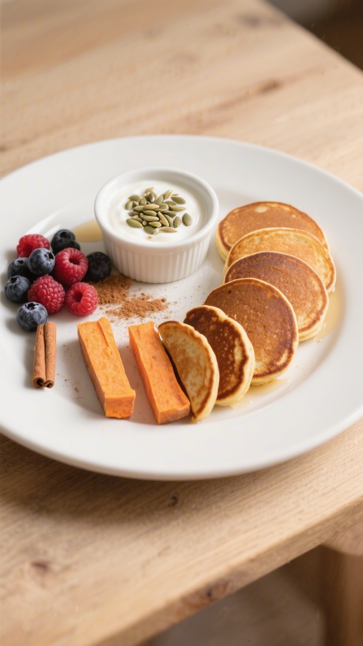Final plated dish, top view: Tasty top-down composition of neatly arranged mini sweet potato yogurt
