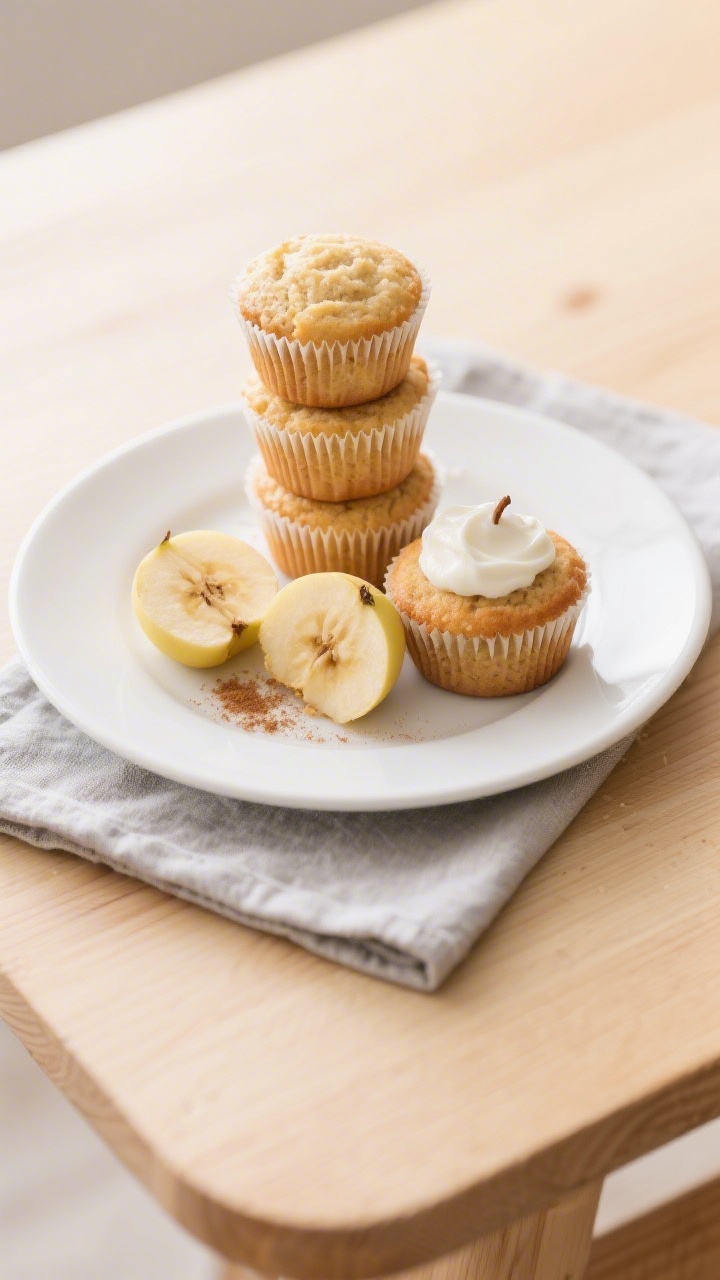 Final plated presentation: beautifully arranged stack of toddler-sized banana apple mini cupcakes on