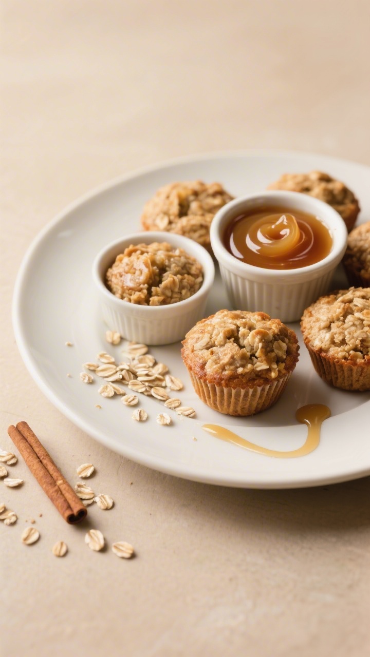 Final plated presentation of apple cinnamon oatmeal mini muffins arranged on a white ceramic plate w