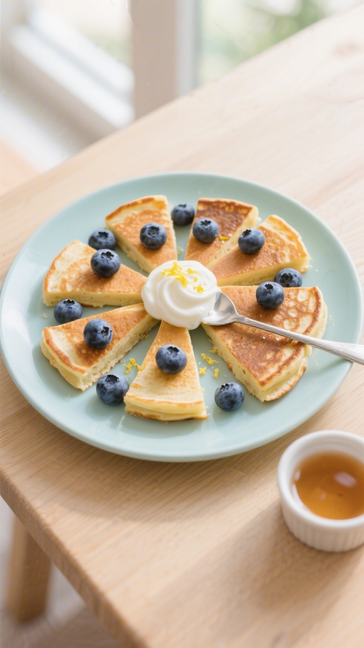 Final plated presentation: Silver-dollar mini blueberry yogurt pancakes arranged in a playful fan on