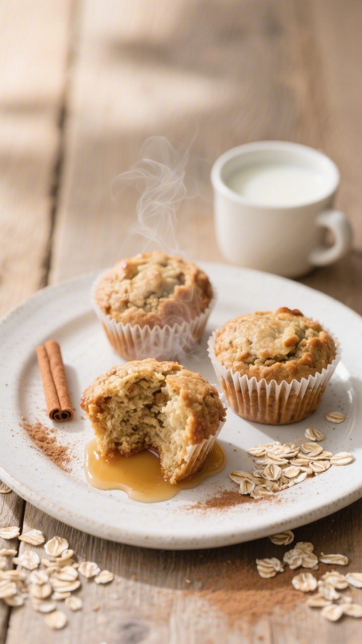 Final plated presentation: three Apple Cinnamon Oat Muffins arranged on a small white stoneware plat