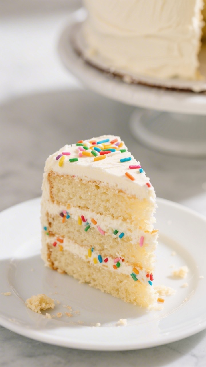 Final plated slice beauty shot: a tall wedge of sprinkle-studded vanilla layer cake on a simple whit