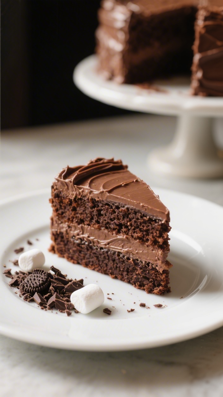 Final plated slice: Restaurant-quality presentation of a single slice of moist chocolate cake on a m