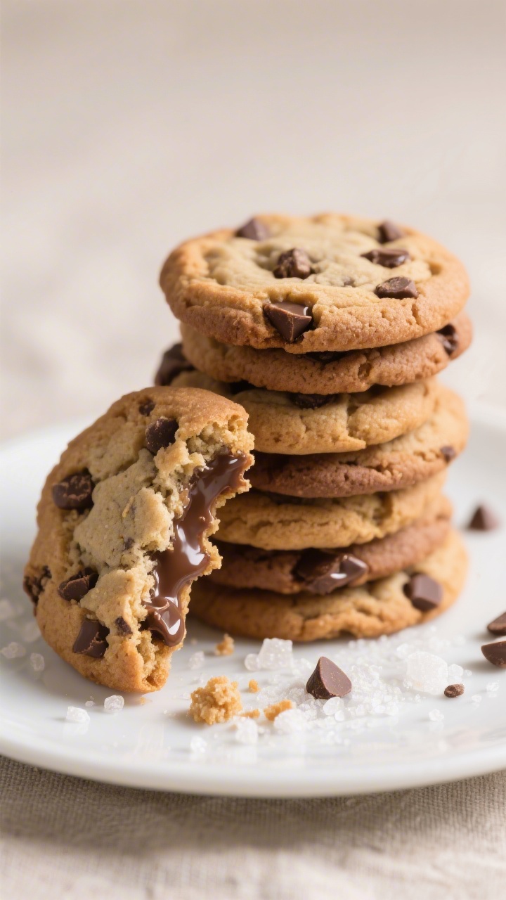 Final presentation: a stack of soft chocolate chip cookies on a simple white plate with one cookie b