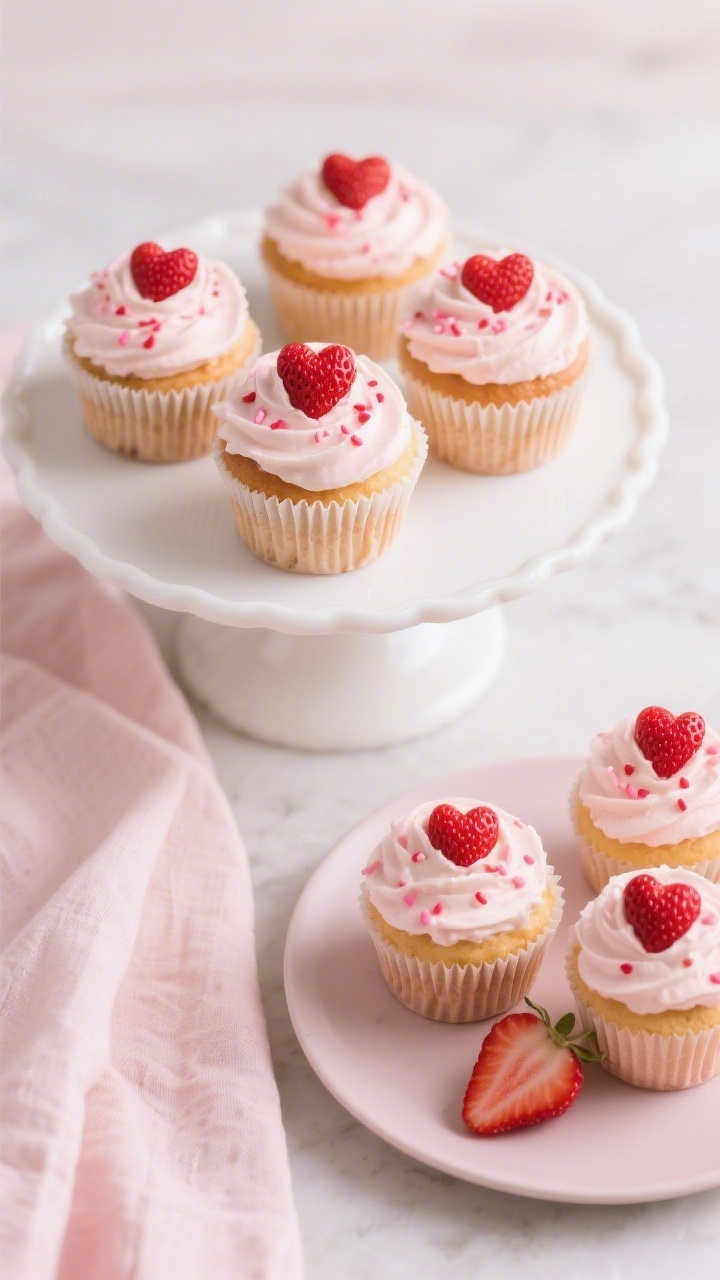 Final presentation: Beautifully plated strawberry heart cupcakes arranged on a white cake stand with