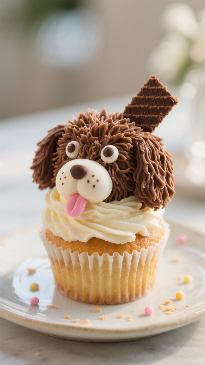 Final presentation hero: Restaurant-quality plate-up of a single showstopper puppy cupcake with shag