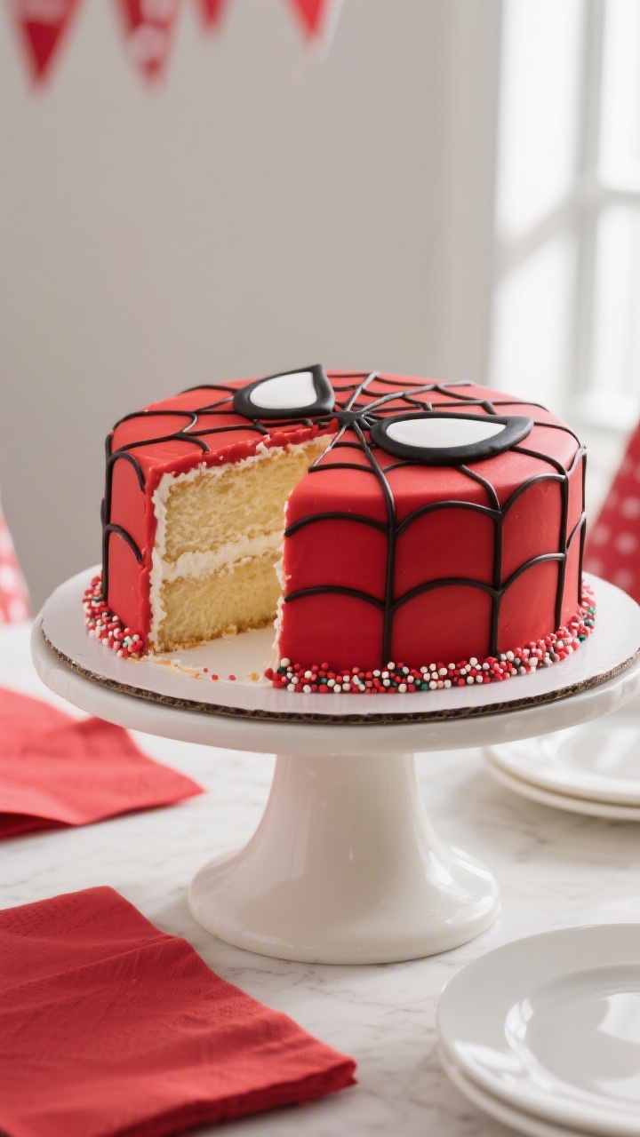 Final presentation hero shot: Three-quarter angle beauty of the finished Spiderman birthday cake on