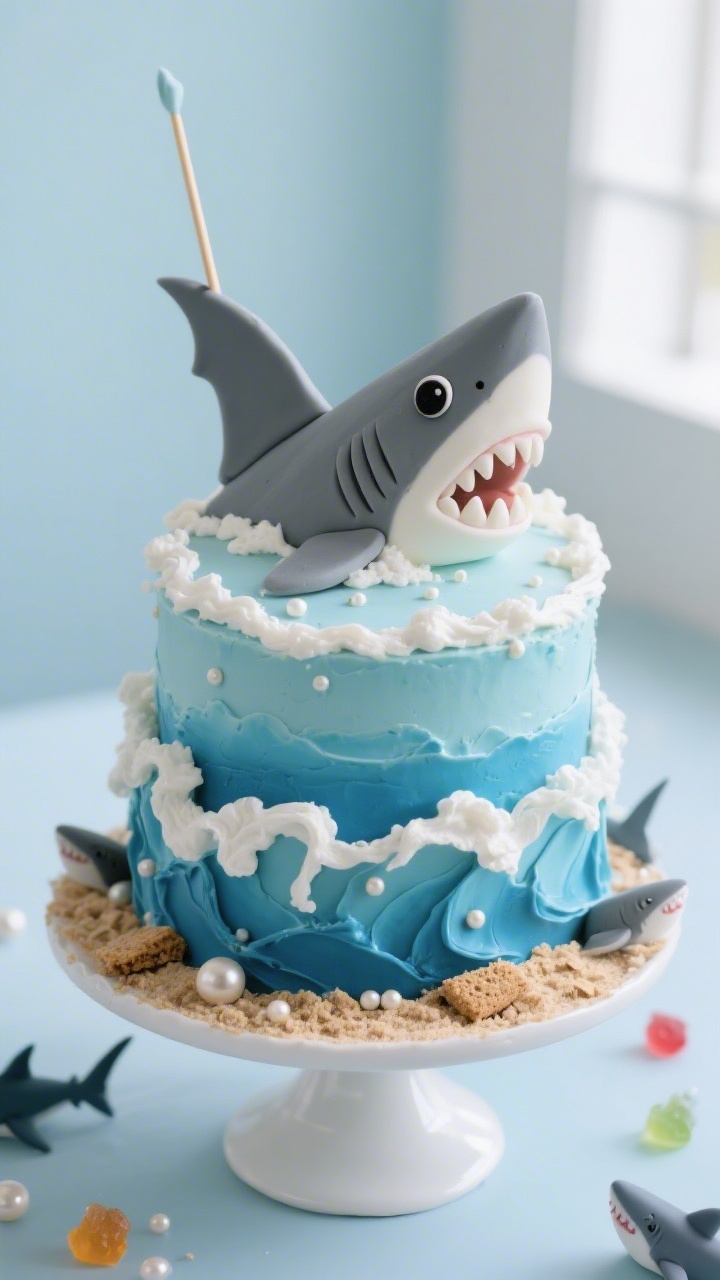 Final presentation of the assembled shark cake centerpiece: two 9-inch layers frosted in dynamic oce