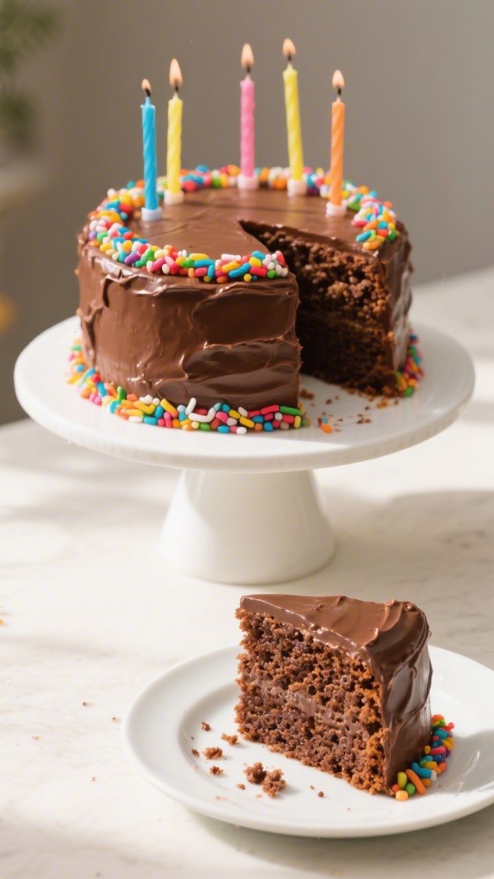 Final presentation — overhead shot of the finished kids’ chocolate birthday cake on a white pede