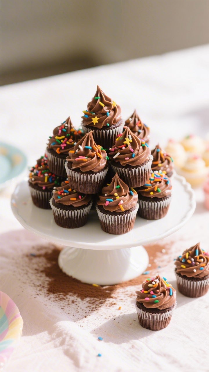 Final presentation: Restaurant-quality top-down hero shot of a white cake stand piled with frosted c