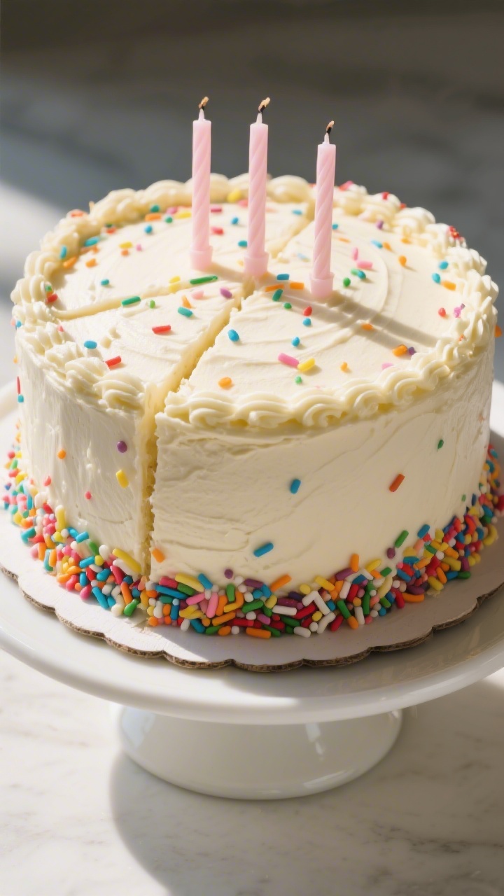 Final presentation: Restaurant-quality whole birthday cake fully frosted with smooth vanilla butterc