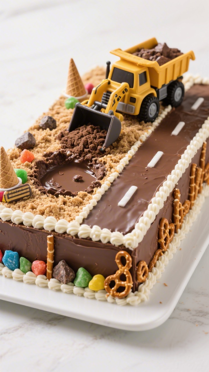 Final presentation shot of the completed Kids Construction Cake on a simple white platter: two-lane