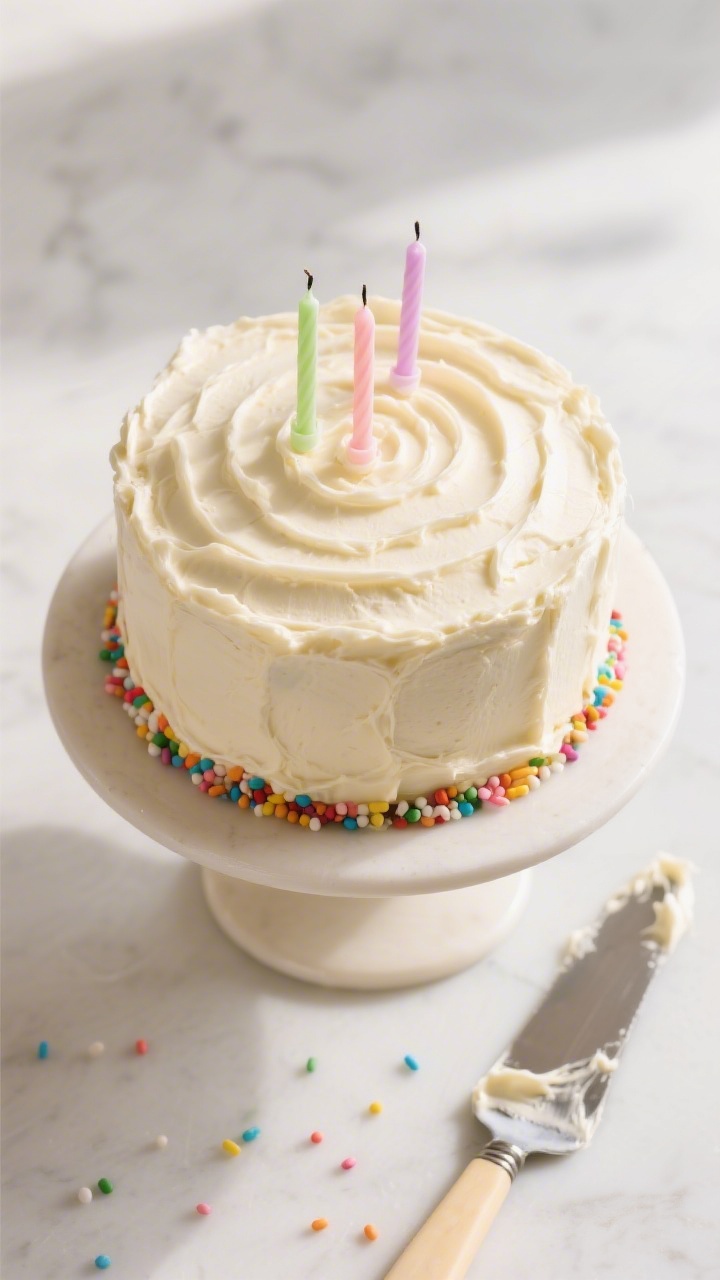 Final presentation, top-down: Tasty top view of the fully frosted vanilla birthday cake on a simple