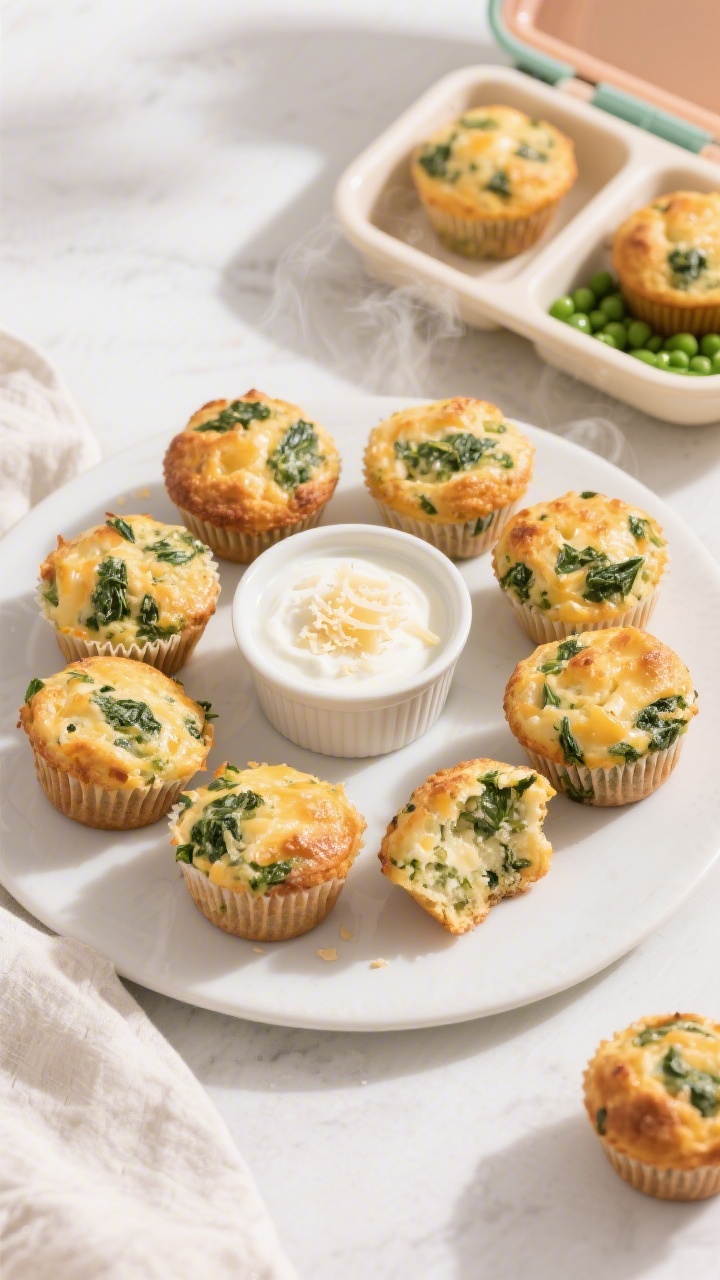 Final presentation top view: An overhead spread of baked cheese and spinach savory muffins—some mi