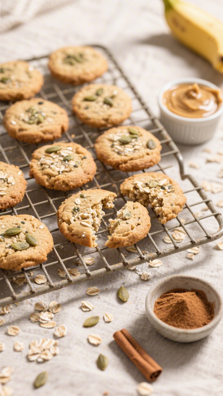 Overhead “tasty top view”: A rustic cooling rack filled with uniformly shaped banana oat cookies