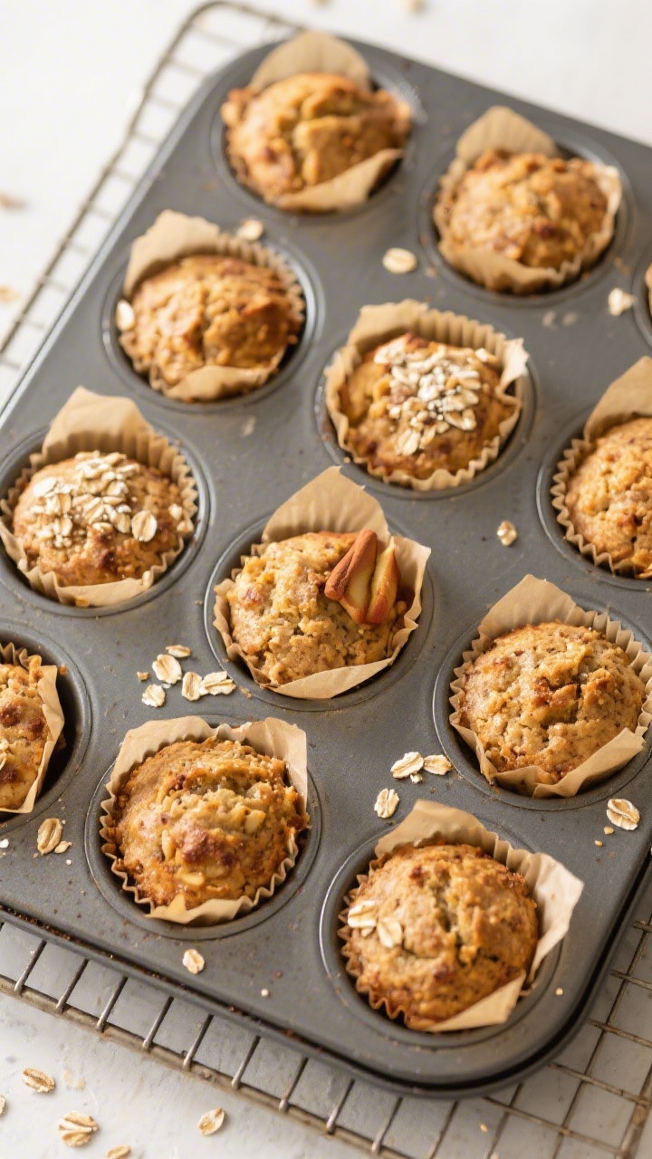 Overhead “tasty top view” of a 12-cup muffin tin just out of the oven, each cup filled with even