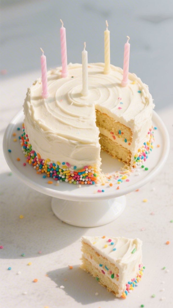 Overhead “tasty top view” of the fully assembled Fun Sprinkle Celebration Cake after final frost