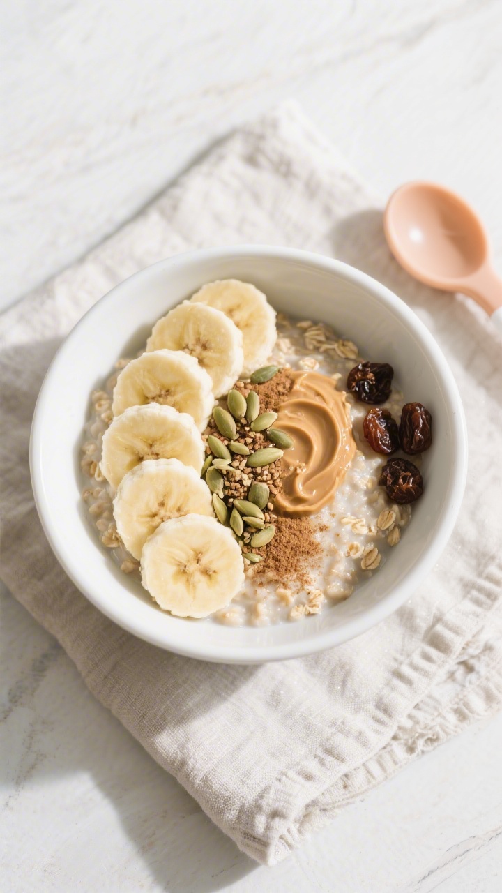 Overhead tasty top view: Toddler-friendly Banana Oatmeal Bowl spread to cool in a shallow matte whit
