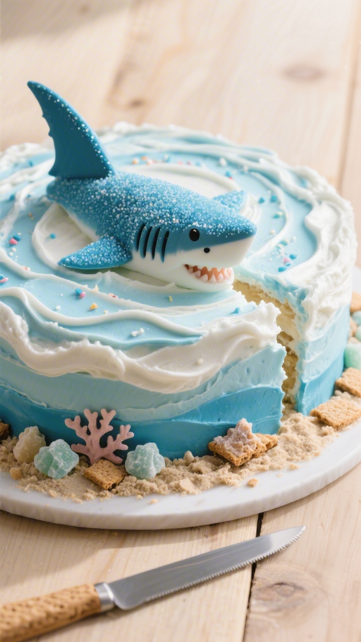 Tasty top-down overhead shot for serving moment: the finished shark cake pre-slice, showing swirling