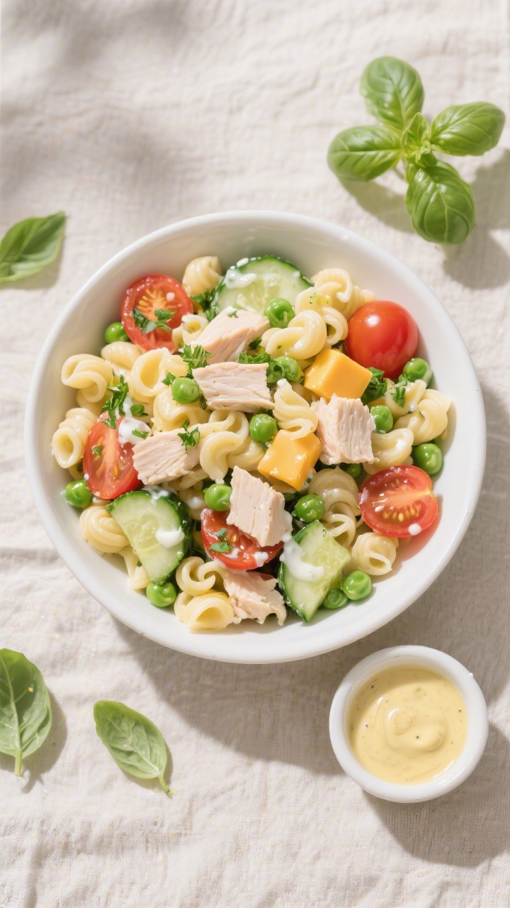 Tasty top view, final mixed salad: Overhead shot of toddler pasta salad in a wide, shallow white bow