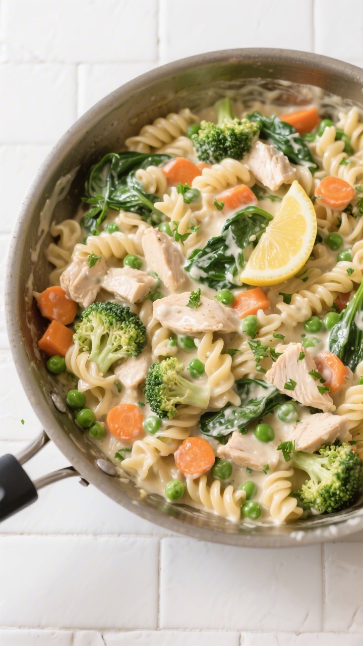 Tasty top view — one-pan combine moment: Overhead shot of the finished creamy chicken and veggie p