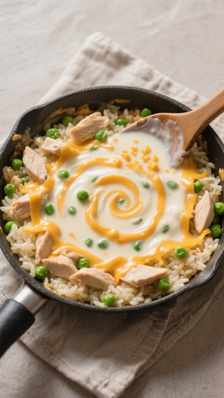 Tasty top view, overhead: Overhead shot of creamy cheesy chicken rice in the pan right after stirrin