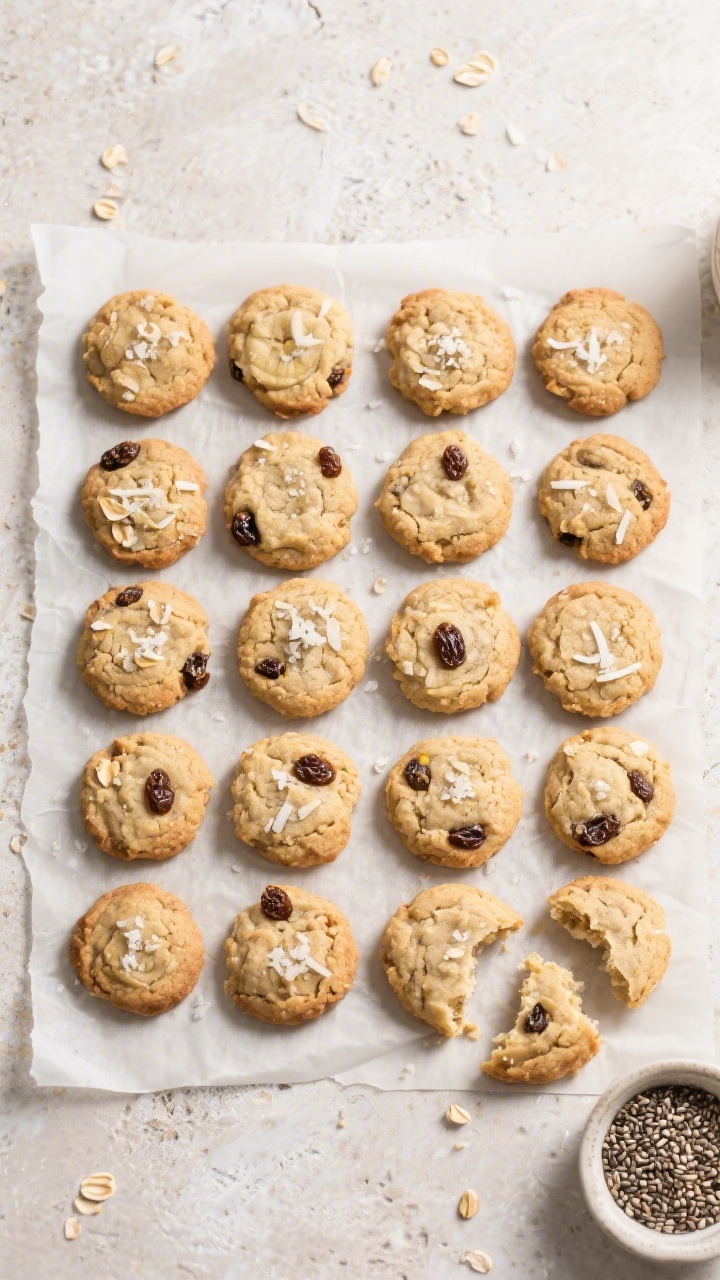 Tasty top view: Overhead shot of 14–18 small banana oat cookies arranged in a tidy grid on parchme