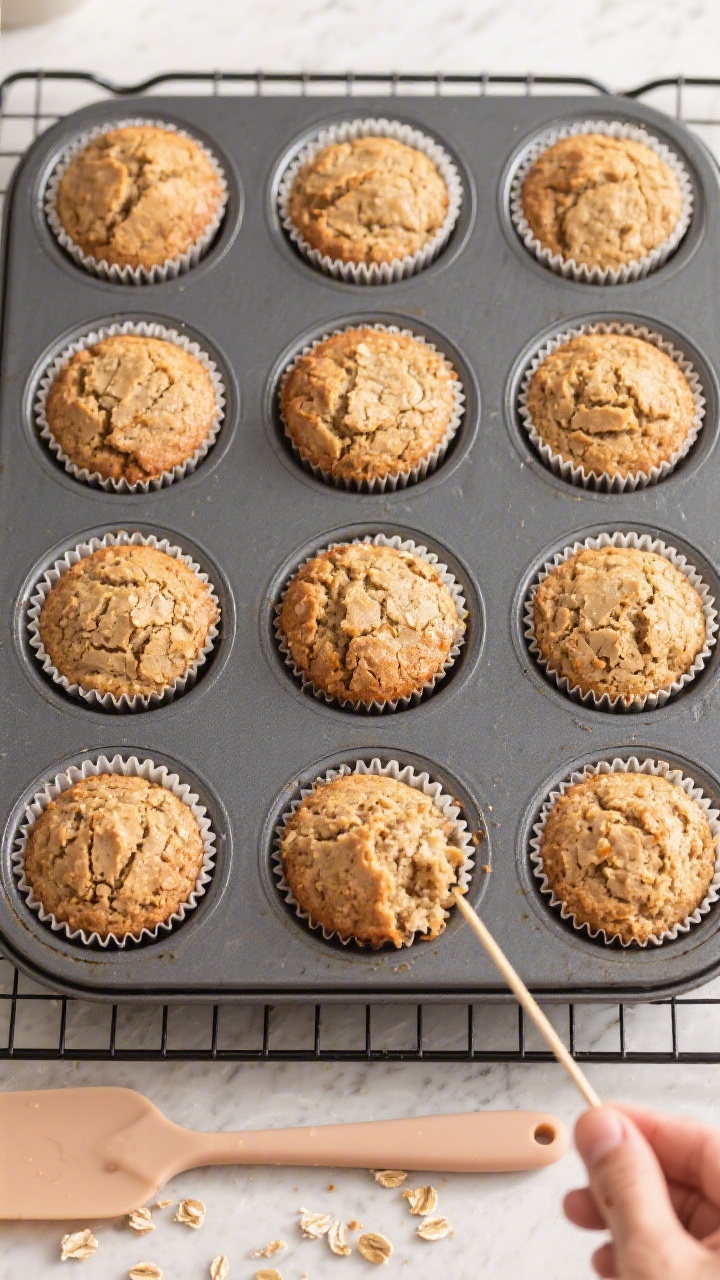 Tasty top view: Overhead shot of a 12-cup muffin pan just out of the oven, each liner filled with ev