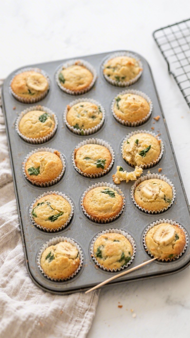 Tasty top view: Overhead shot of a 12-cup muffin tin lined with papers, filled with evenly domed ban