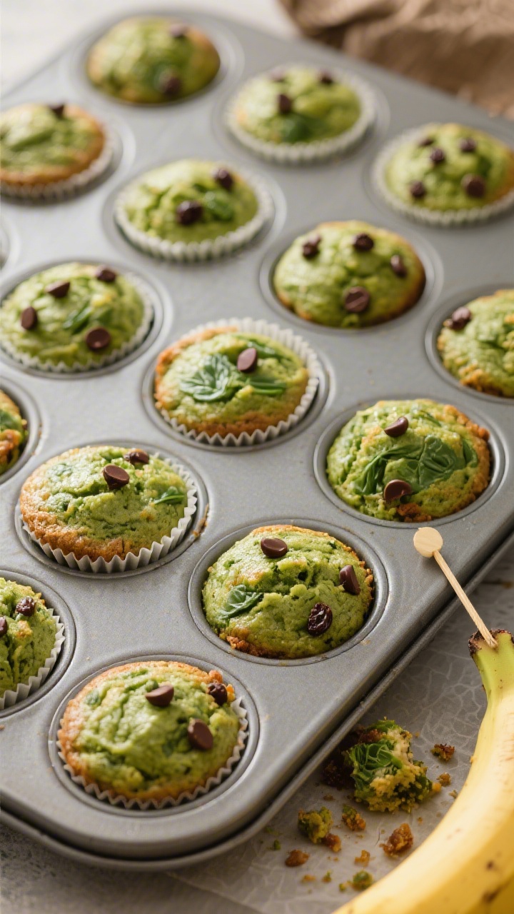 Tasty top view: Overhead shot of a 12-cup muffin tin filled with vivid green banana spinach muffins,