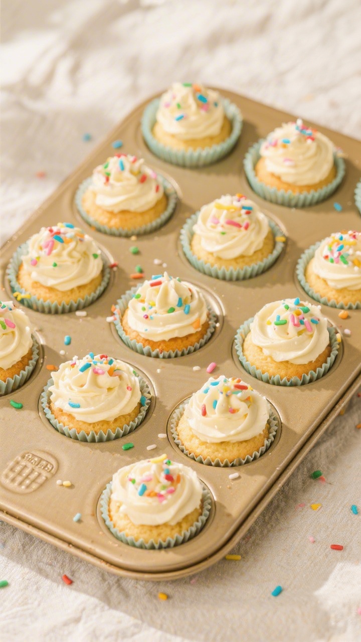 Tasty top view: Overhead shot of a 12-cup muffin tin filled with uniformly baked vanilla cupcakes in