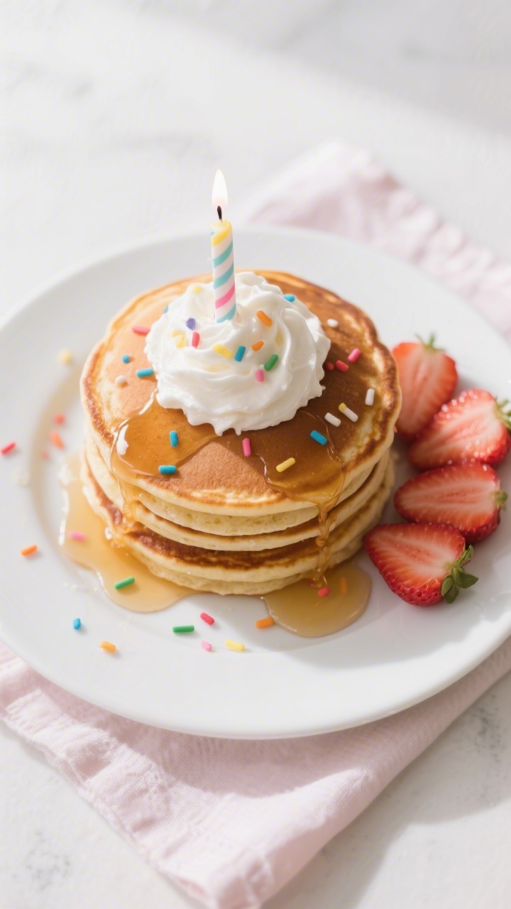 Tasty top view: Overhead shot of a birthday pancake stack (4–5 pancakes) on a white plate, topped