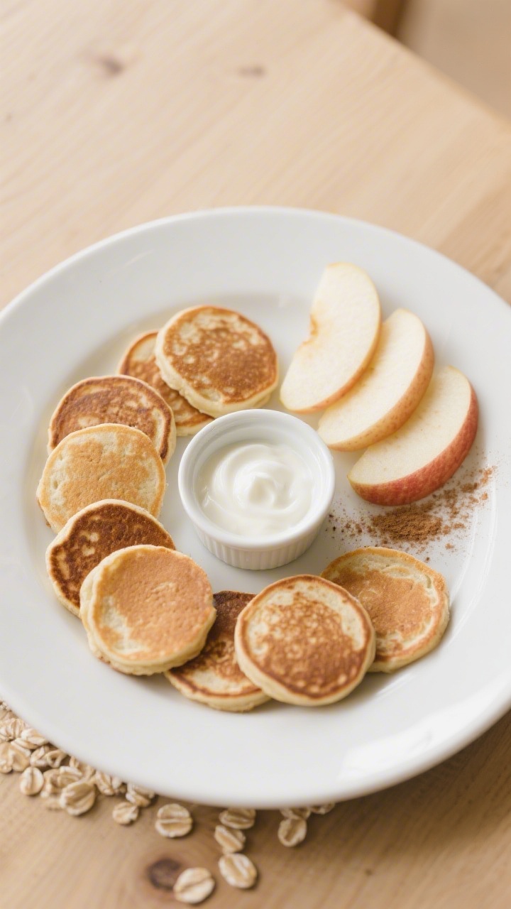 Tasty top view: Overhead shot of a kid-friendly breakfast plate featuring mini oatmeal apple silver-