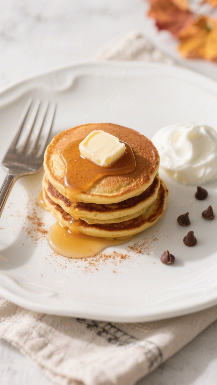 Tasty top view: Overhead shot of a small kid-friendly stack of pumpkin spice pancakes on a white cer