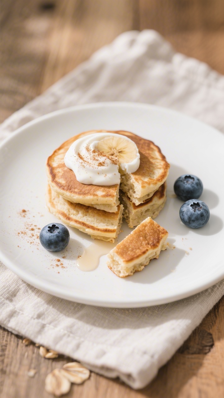 Tasty top view: Overhead shot of a small stack of banana oat pancakes on a matte white plate, cut in