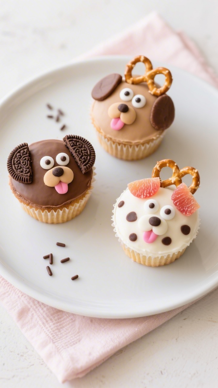 Tasty top view: Overhead shot of a trio of finished puppy face cupcakes on a matte white platter—o