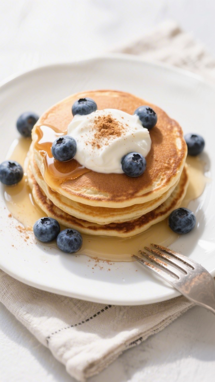 Tasty top view: Overhead shot of a warm stack of blueberry yogurt pancakes on a white ceramic plate,