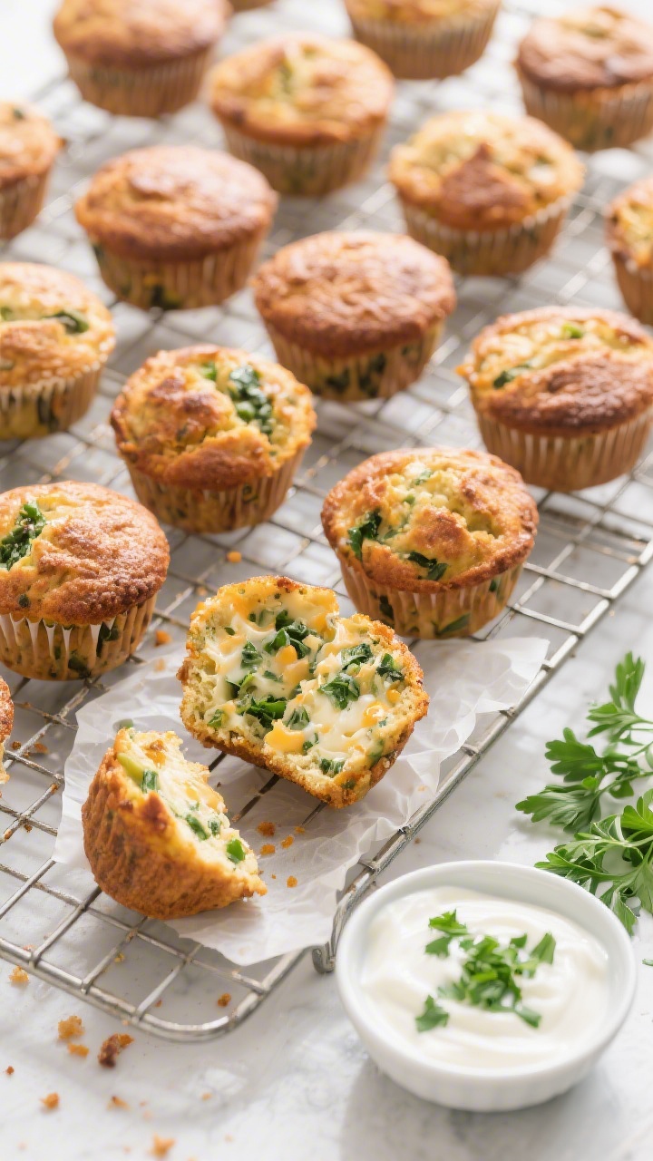 Tasty top view: Overhead shot of a wire rack holding a dozen savory veggie muffins cooling, evenly b