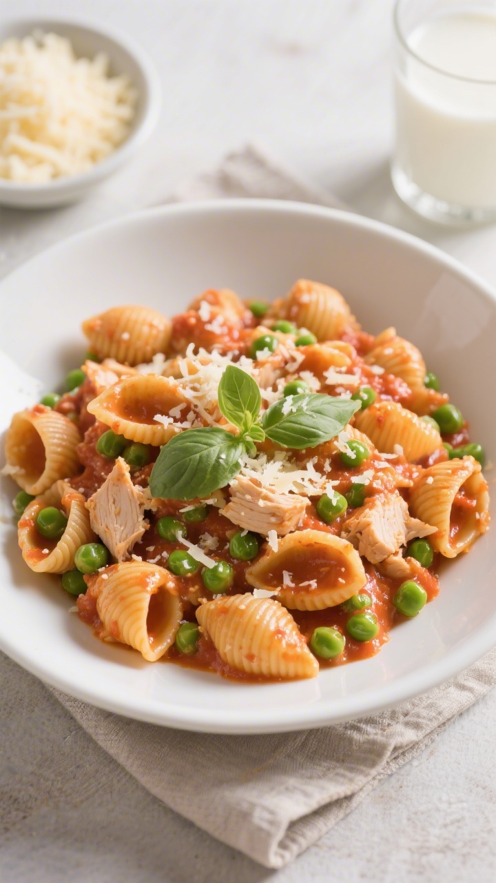 Tasty top view: Overhead shot of short pasta (mini shells or rotini) just tossed in the creamy tomat