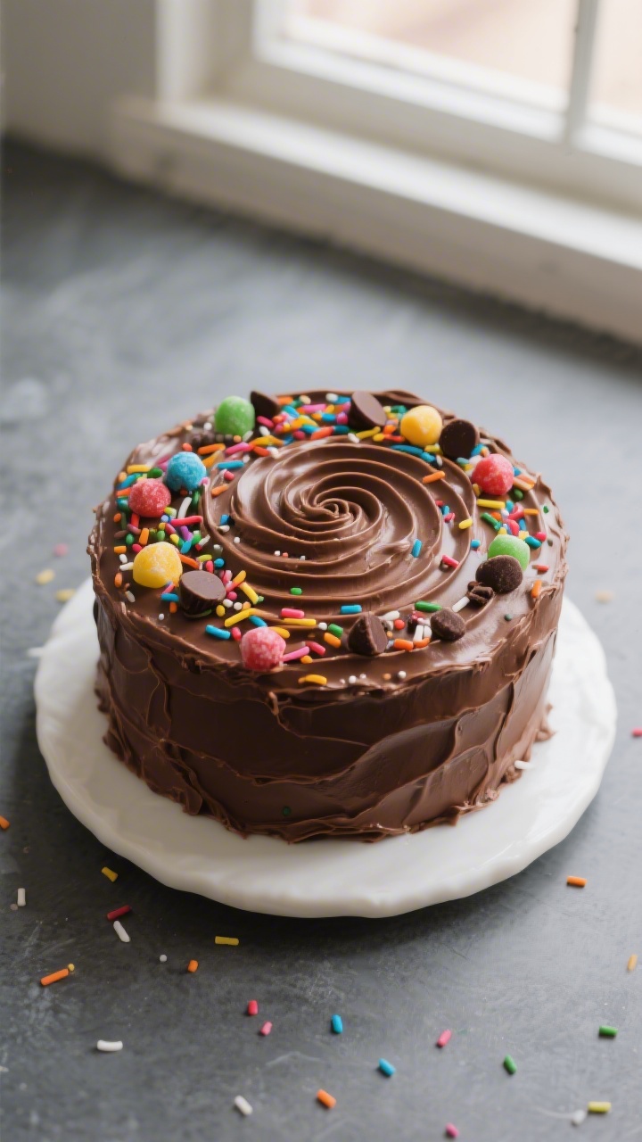Tasty top view: Overhead shot of the finished 8-inch chocolate birthday cake with silky, swirl-textu