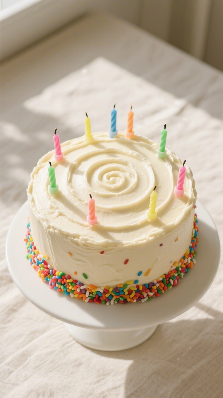 Tasty top view: Overhead shot of the fully assembled and frosted vanilla cake on a simple white cake