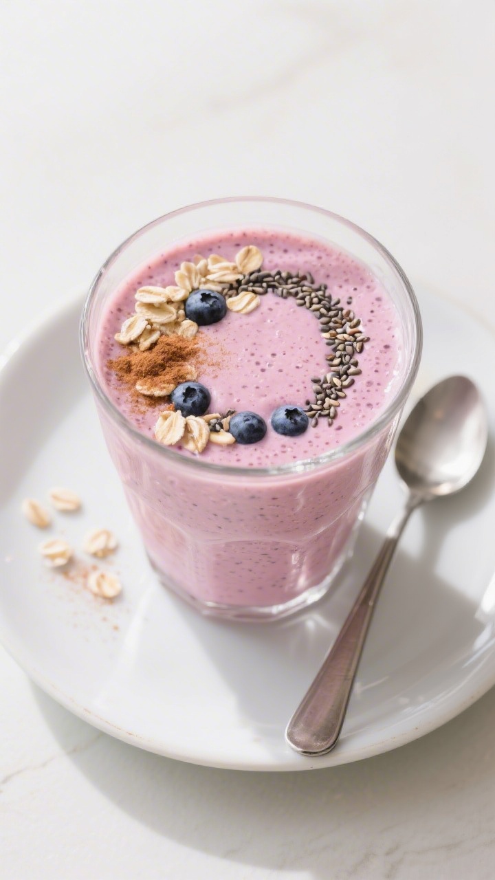 Tasty top-view variation: Overhead shot of a Berry Twist yogurt banana smoothie in a clear glass, cr
